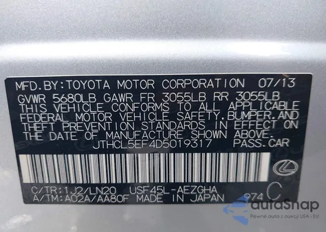 2013 Lexus Ls 460 460 from USA, damaged, VIN JTHCL5EF4D5019317